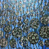 Painting, blue background, circles with circles inside, plant shapes over all