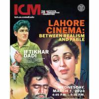 Ifikhar Dadi, "Lahore Cinema: Between Realism and Fable" poster image with images of dramatic poses from Pakistani film
