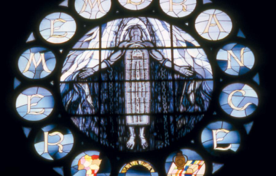 Chicago church window with slave ship inserted into the body of christ