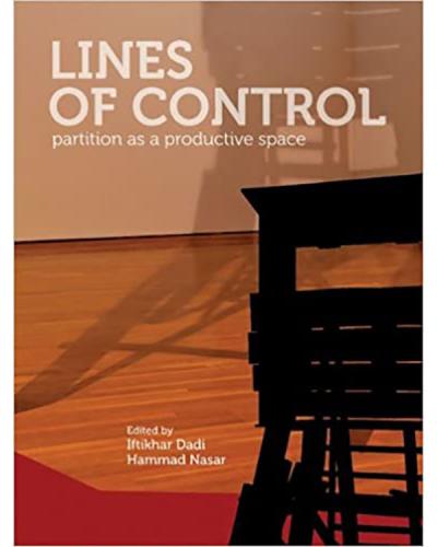 Lines of Control book cover, red oranges with black siloutte of a structure