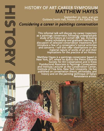 poster for career symposium, all text in body of article, conservator taking a photo of artwork