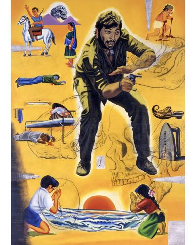 drawing and painting on canvas, yellow background, man with gun, skulls, bodies, people praying
